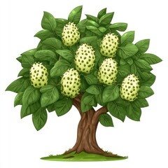 Green apple tree with ripe berries and fresh green leaves isolated on white background