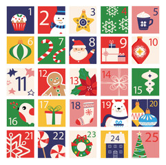 December advent calendar. Christmas advent calendar with holiday elements. Countdown to Christmas with numbers.