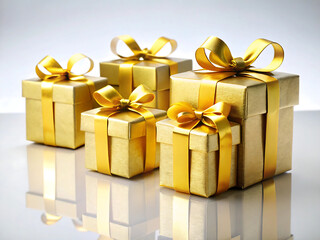 Group of five golden gift boxes with ribbons on a reflective surface, perfect for any celebration or special occasion