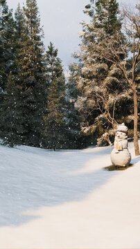 3D render vertical animation of winter with pine mountains and a snowman
