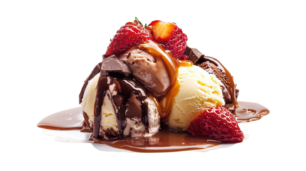 Sweet Indulgence A Stack of Ice Cream Scoops Topped with Strawberries and Chocolate Syrup on Transparent Scene