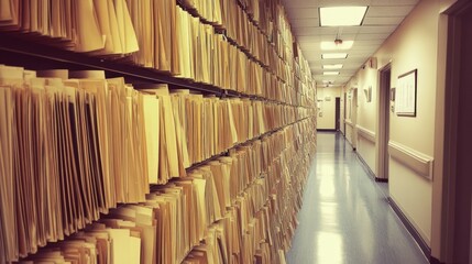 Hospital corridor lined with medical records