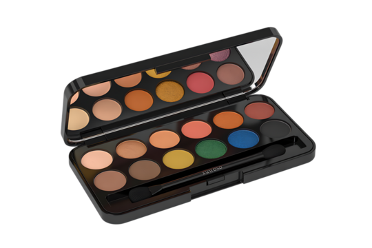 Vibrant eyeshadow palette with diverse shades and applicator for stunning makeup looks