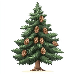 Green fir christmas tree with decorated ornaments and a gold star, isolated on a white background, perfect for winter holiday celebration illustration