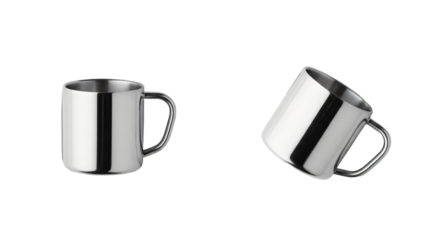 Two shiny stainless steel mugs one upright and one tilted.