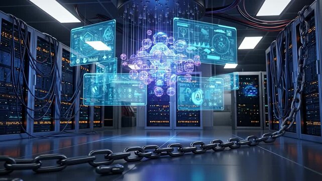 AI Quantum Computing Server Room Security - A futuristic server room with a quantum computer at its center is depicted, surrounded by holographic displays and secured with a heavy chain, symbolizing