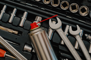 Mechanic's Toolbox Essentials Wrenches, Sockets, and Lubricant Spray