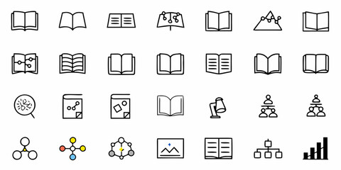 Collection of education and science icons featuring books molecules and organizational charts in black outline