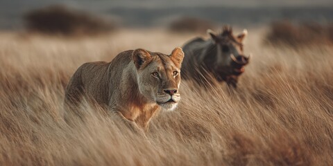 Fototapeta premium Lioness moving through tall grass while a wildebeest follows in the background during golden hour in the savanna