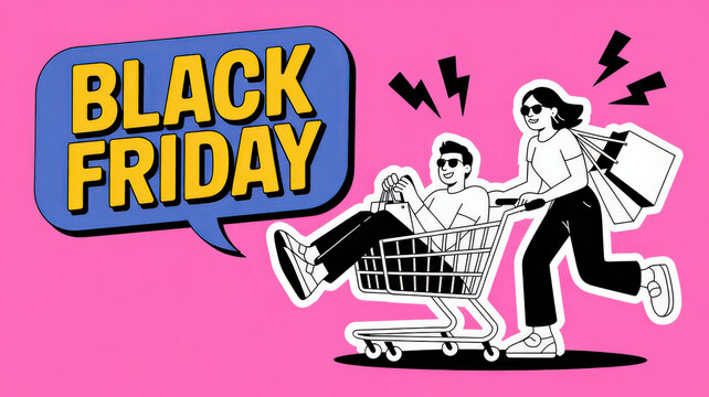 Black Friday Shopping Cartoon Illustration with People in Cart and Speech Bubble