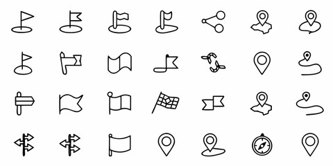 Collection of navigation icons including flags, map markers, compass, and direction signs in outline style