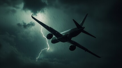 Passenger jet flying through a stormy sky navigating around dark clouds illuminated by flashes of lightning with rain droplets on the windows and dramatic light contrasts in the scene