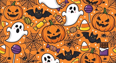 A festive halloween pattern featuring smiling pumpkins, cute ghosts, bats, candies, and spiderwebs on an orange background, perfect for spooky season decorations and designs