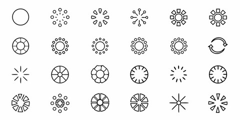 Collection of different black and white circular patterns and shapes in a grid arrangement