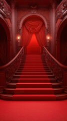 Elegant red staircase with ornate details and draped curtains in a luxurious setting