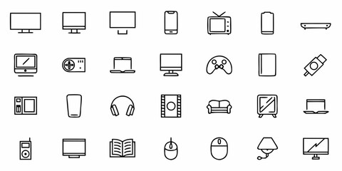 Line art illustration showcasing various electronic devices and household objects in a minimalist style