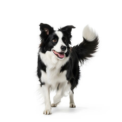 Happy Border Collie dog with black and white fur standing on white background.