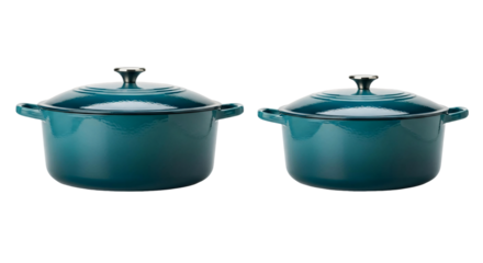 Set of Two Teal Enameled Cast Iron Dutch Ovens with Lids.