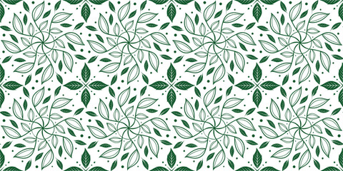 Seamless floral mandala leaf pattern with geometric symmetry, perfect for wallpaper, fabric, wrapping paper, and modern decorative surfaces with an elegant botanical style.