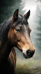 Naklejka premium Majestic horse gazing through misty forest in tranquil morning light