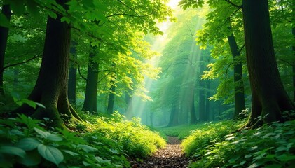 Fototapeta premium Lush green canopy of a vibrant forest, sunlight filtering through leaves, creating dappled shadows on the forest floor Perfect for nature, ecology, and environmental themes , serene, woods