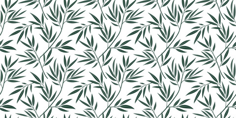 Seamless bamboo leaf pattern with repeating botanical branches, perfect for wallpaper, fabric, wrapping paper, and decorative surfaces with a modern natural organic style.
