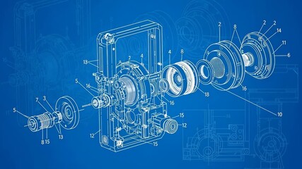 Engineering Blueprint: Mechanical Device Exploded View - Detailed technical illustration of a mechanical device, presented as an exploded view on a blue engineering blueprint background.