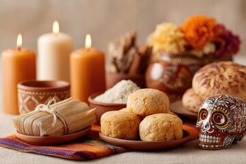 Colorful altar arrangement showcasing traditional foods, candles