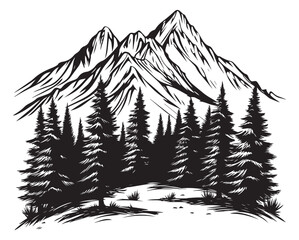 Fototapeta premium Woodcut Style Mountain Landscape with Evergreen Trees Illustration. Evergreen Forest and Mountain Range – Woodcut Vector Art.
