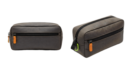 Textured Gray Toiletry Bag with Black Zipper and Orange Pulls.
