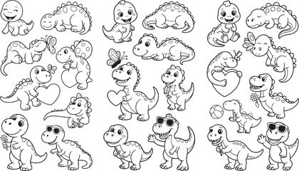 Cute dinosaurs with hearts and butterflies cartoon