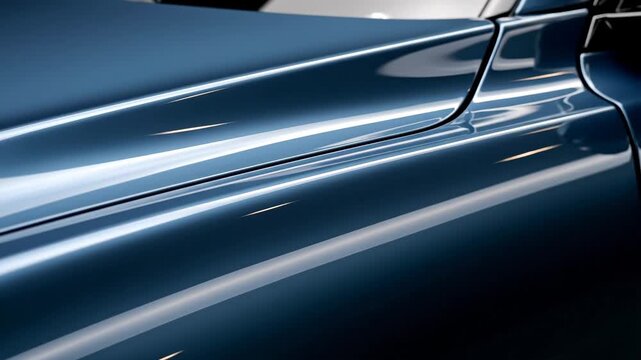 Sleek Blue Car Hood and Fender Detail - Close-up view of a dark blue car's hood and fender, showcasing the smooth, glossy paint and subtle curves of the bodywork.