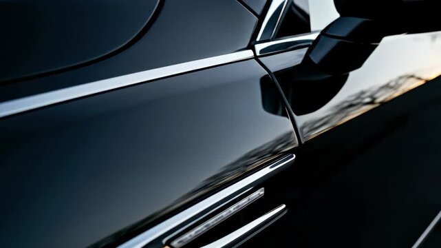 Luxury Car Body Detail - Close-up view of a sleek, black luxury car's door, showcasing its glossy paint and chrome accents. The video highlights the car's high-end design and meticulous detailing.
