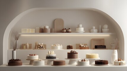 Elegant Bakery Counter Featuring Cakes in Clean Modern Interior