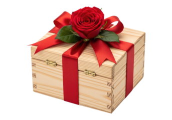 Rustic Wooden Present With Red Bow And Rose on Transparent PNG Background.