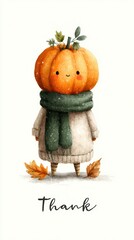 Whimsical pumpkin character dressed warmly surrounded by autumn leaves in a cheerful, seasonal theme