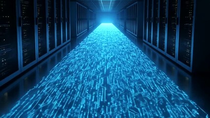 Futuristic data center tunnel with glowing circuit board patterns and server racks - Powered by Adobe