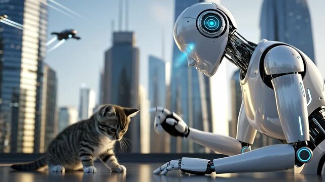 Robot and Kitten in Futuristic City - A friendly android robot interacts with a cute kitten on a rooftop, with a futuristic cityscape and flying vehicles in the background.
