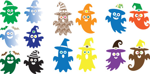 Obraz premium Colorful cartoon ghosts wearing witch hats halloween