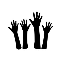 Diverse hands reaching up in unity or support, illustrated in silhouette
