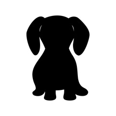 Silhouette of a dachshund dog sitting with floppy ears on white backdrop