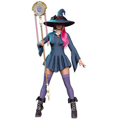 3D rendered fantasy female character as a witch with long pink hair, isolated on transparent background