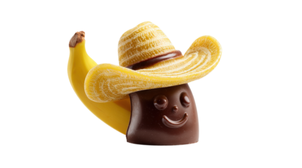 Whimsical Chocolate Character with Banana and Straw Hat A Sweet Treat with a Playful Twist on a Transparent Backdrop
