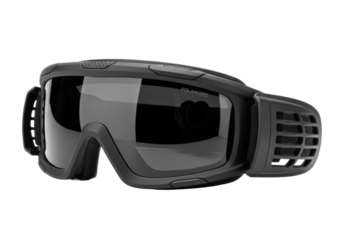 Matte black tactical goggles with dark polarized lenses and ventilated side panels, isolated against a seamless transparent background with copy space, concept of high performance and readiness