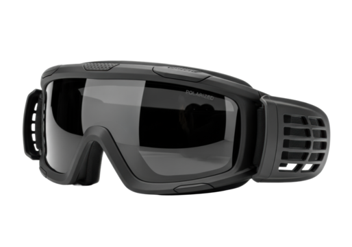 Matte black tactical goggles with dark polarized lenses and ventilated side panels, isolated against a seamless transparent background with copy space, concept of high performance and readiness