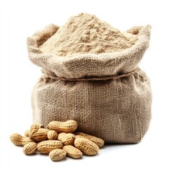 Closeup of a brown burlap sack or bag of wheat, coffee, or other food beans or grain isolated on white