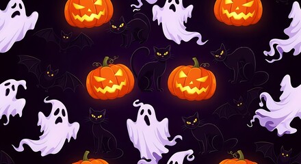 A spooky halloween pattern featuring grinning pumpkins, black cats with glowing eyes, fluttering bats, and playful ghosts on a dark purple background, perfect for festive designs and decorations