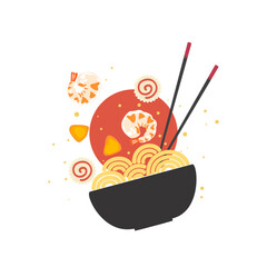 Flat vector illustration of a bowl of ramen with egg, pork, seaweed, and vegetables splashing out of the bowl. Suitable for Japanese food design, restaurant menu, Asian food, or food graphics.