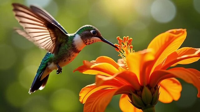 Tiny hummingbird with iridescent feathers hovers gracefully, sipping nectar from a vibrant orange flower in soft sunlight.