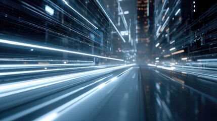 Futuristic cityscape illuminated by dynamic light trails and ref